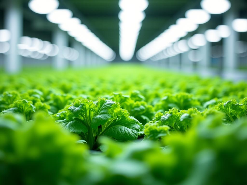Lush green plants growing in a clean, modern hydroponic facility