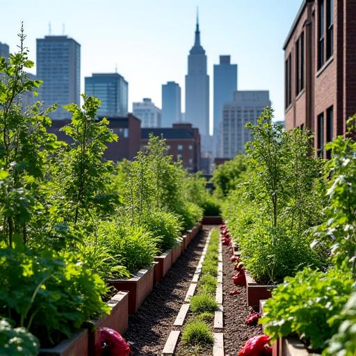 Rooftop garden teeming with various vegetables in an urban setting