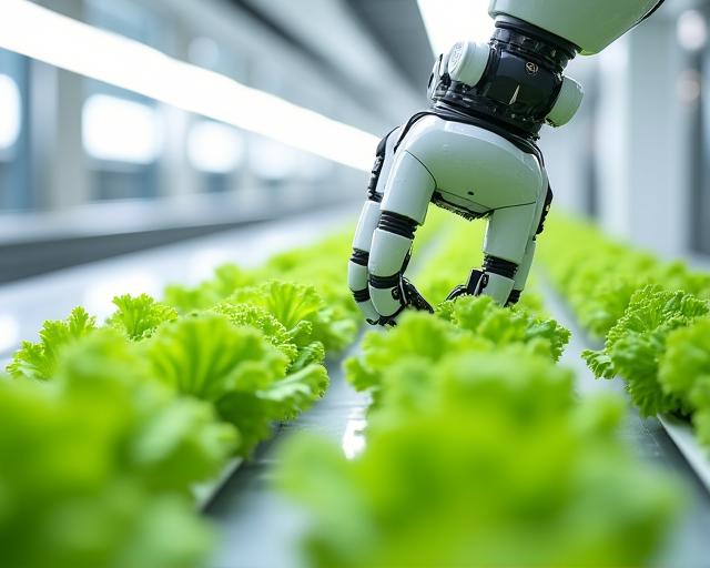 Close-up shot of a sleek, white robotic arm tending to a row of vibrant green lettuce in a sterile environment